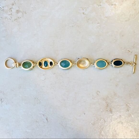 Baroque Cabochon Blue Green Jewel Link Gold Tone Toggle Closure Bracelet NWT - Picture 7 of 8